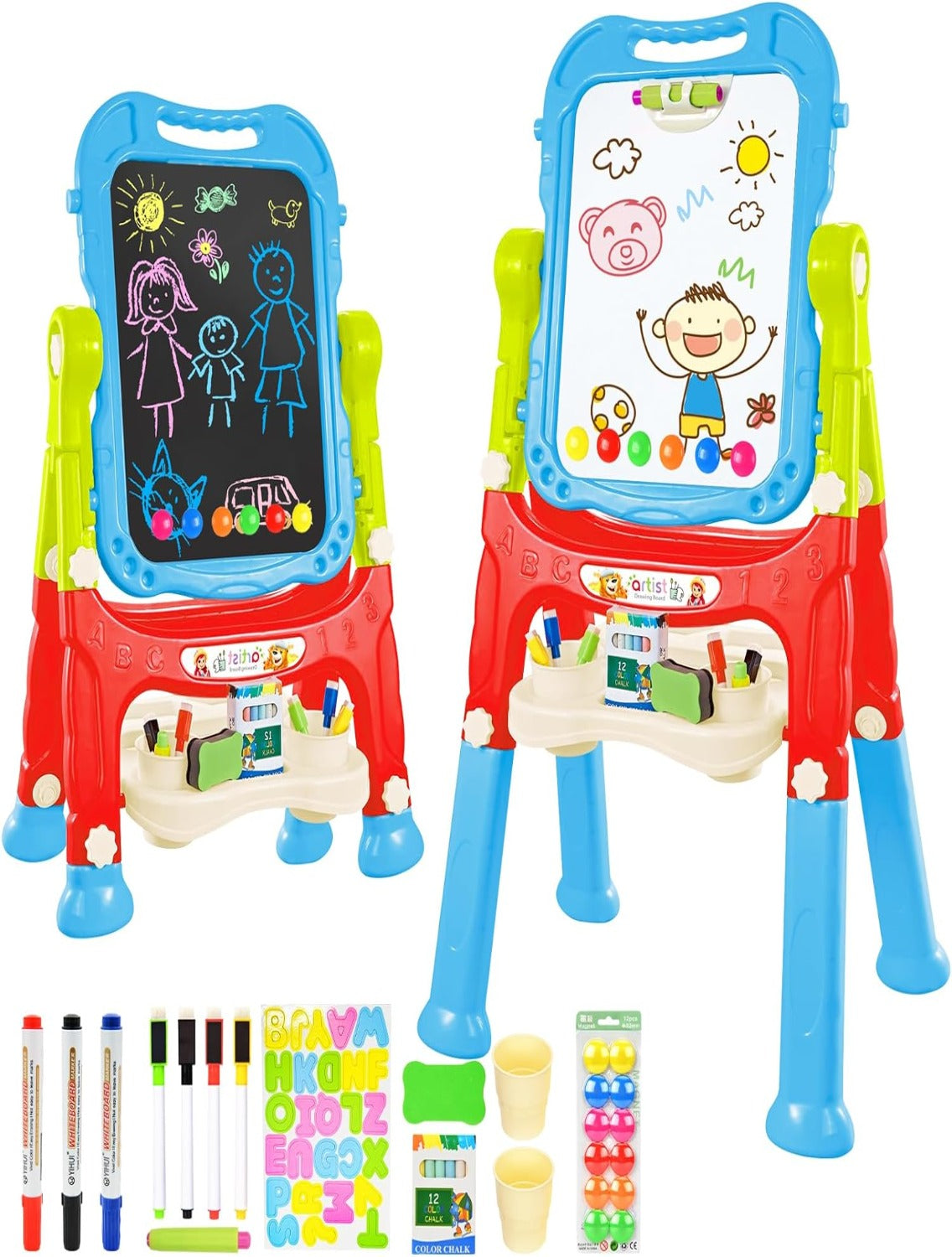 Educational Easel for Kids, Adjustable Standing Art Easel for Toddler, Double Magnetic Drawing Board with Painting Accessories