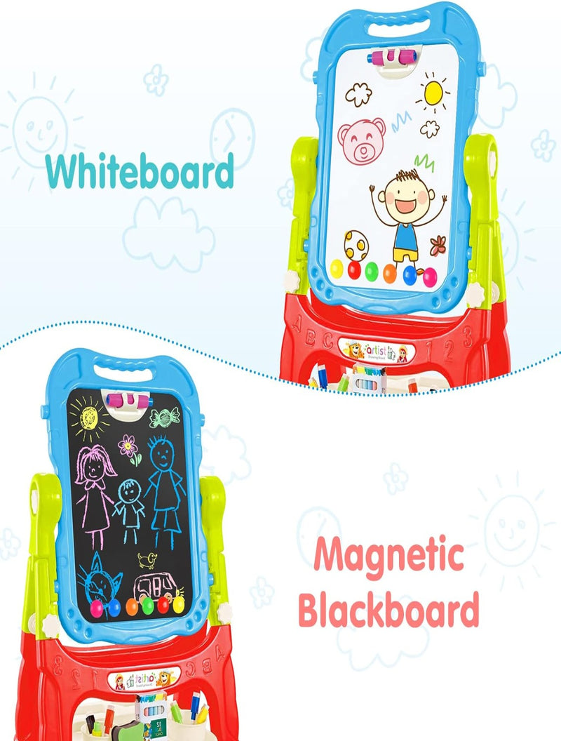 Educational Easel for Kids, Adjustable Standing Art Easel for Toddler, Double Magnetic Drawing Board with Painting Accessories