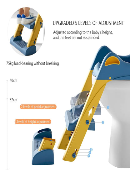 English Potty Toilet Seat with Step Stool Ladder for Kids Children Baby Toddler,Training Toilet Seat for Boy and Girl, Adjustable Foldable Children Toilet Trainer with Soft PU Cushion(Blue)