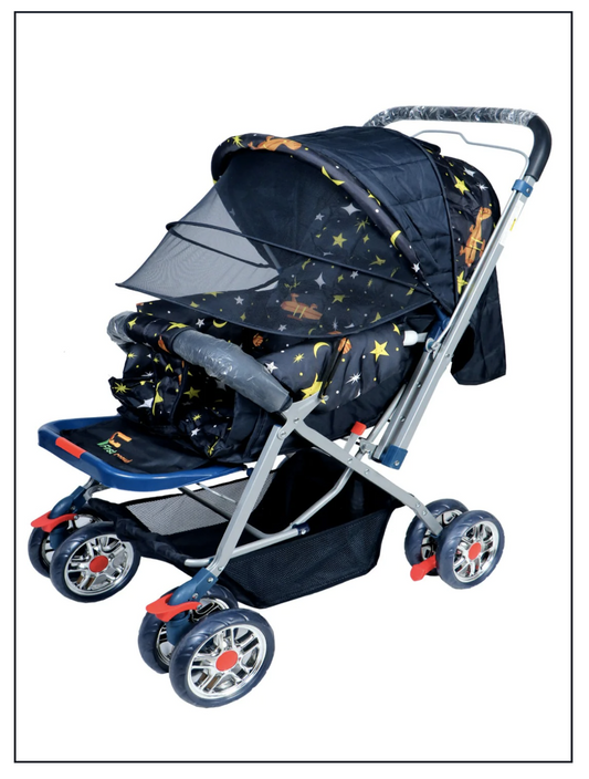 FIRSTCRAWL BABY STROLLER WITH MOSQUITO NET & REVERSIBLE HANDLE - GALAXY BLACK