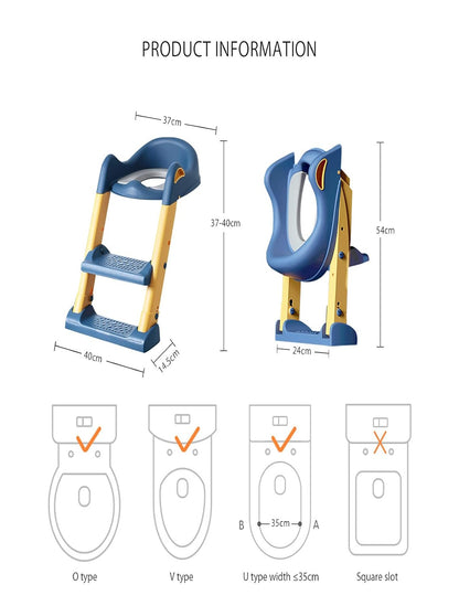 English Potty Toilet Seat with Step Stool Ladder for Kids Children Baby Toddler,Training Toilet Seat for Boy and Girl, Adjustable Foldable Children Toilet Trainer with Soft PU Cushion(Blue)