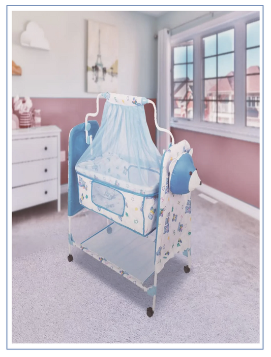 Teddy Print Cradle With Mosquito Net BLUE