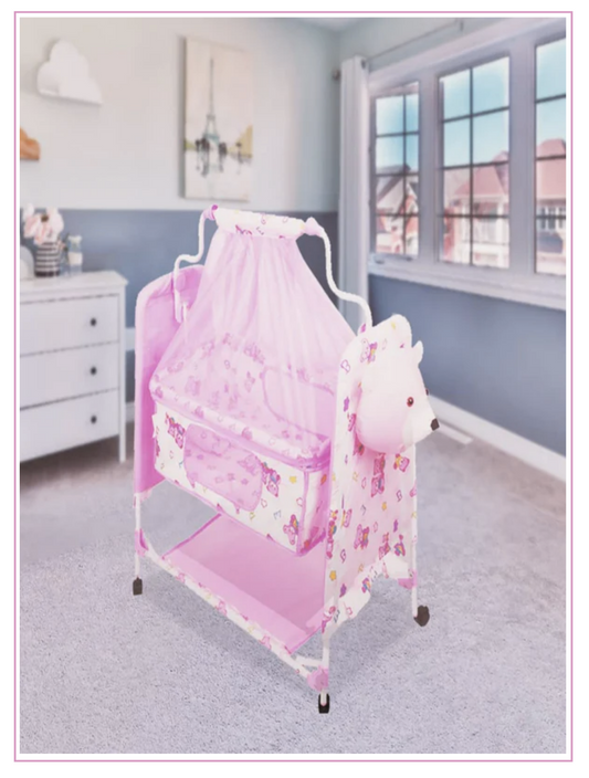 Teddy Print Cradle With Mosquito Net PINK