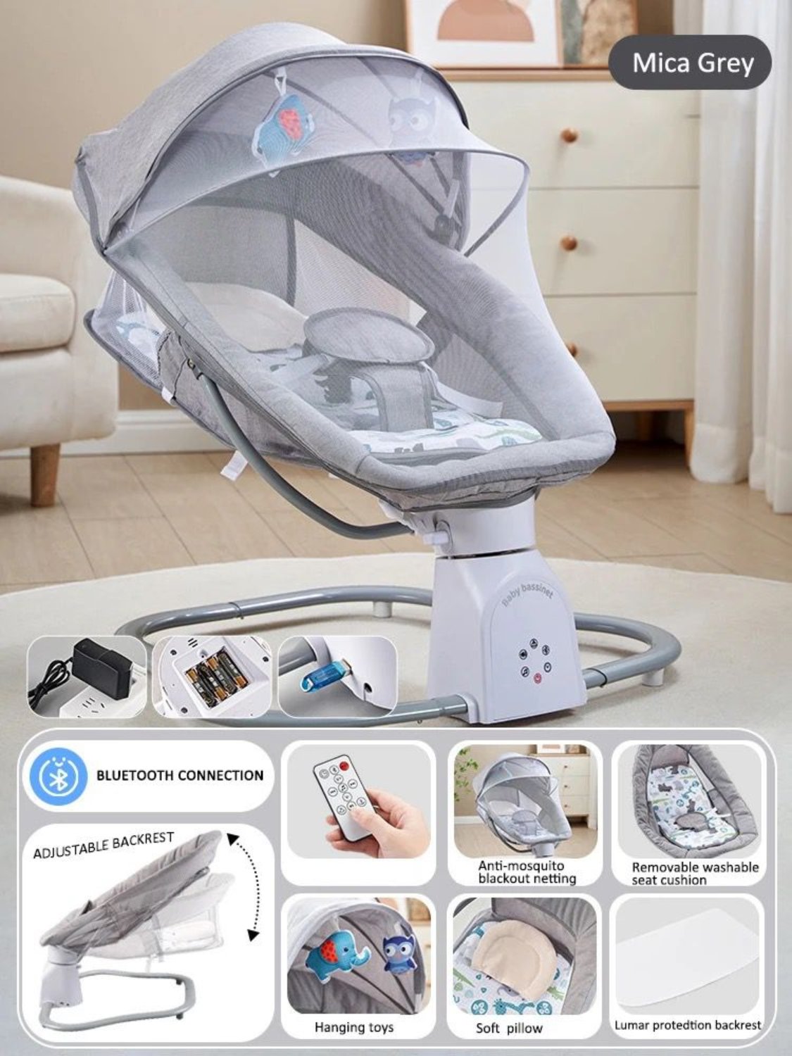 Baby Swing Rocking Chair with Remote Control 3-in-1 Adjustable backrest Baby Bouncer Electric Adjustable Rocking Chair