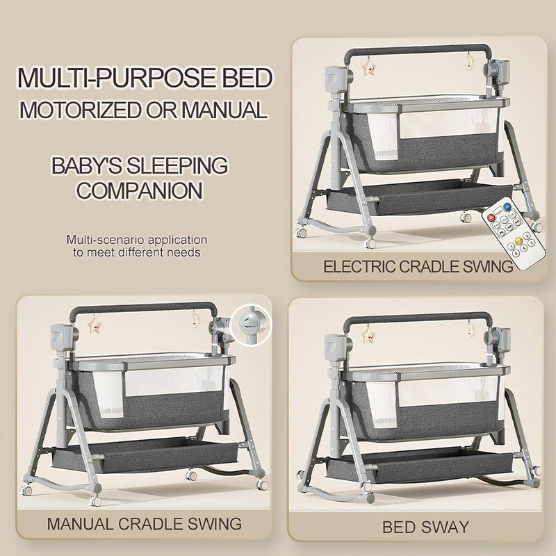 Premium Baby Cradle 3 in 1 Electric Bedside Crib Baby Swing Cot, 5-gear Microwave Adjustable Rocking Bedside Cribs