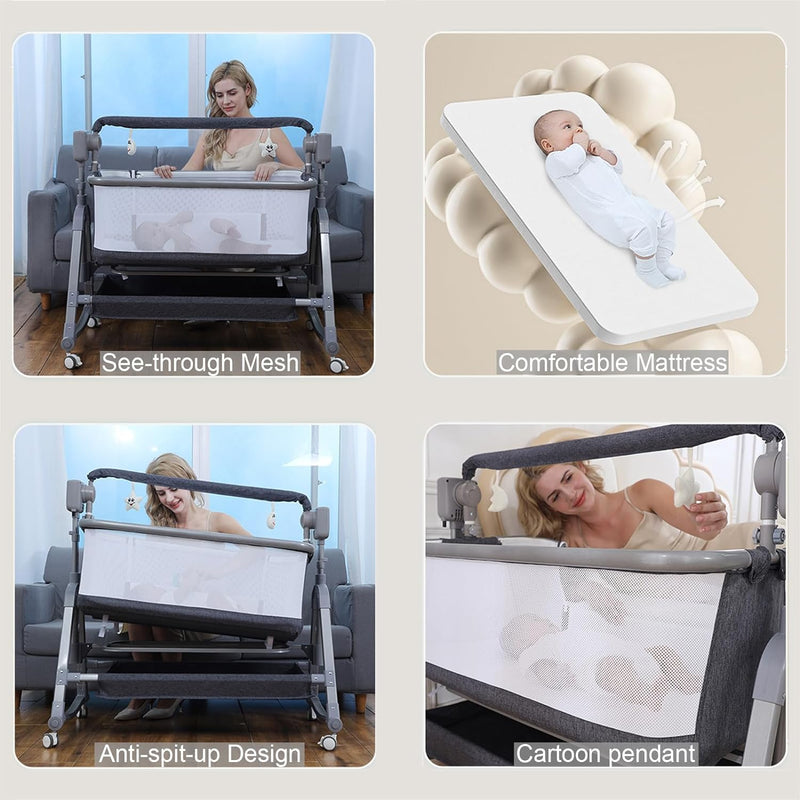 Premium Baby Cradle 3 in 1 Electric Bedside Crib Baby Swing Cot, 5-gear Microwave Adjustable Rocking Bedside Cribs