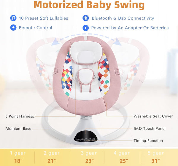 Electric Baby Swing with Bluetooth, Remote Control, Music, 5 Swing Speeds, Harness - For Infants