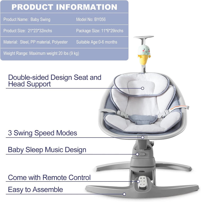 Baby Swings Easy to Assemble, Outdoor Portable, Music Speaker with 8 Preset, Remote Control-Grey