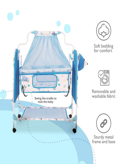 Teddy Print Cradle With Mosquito Net BLUE