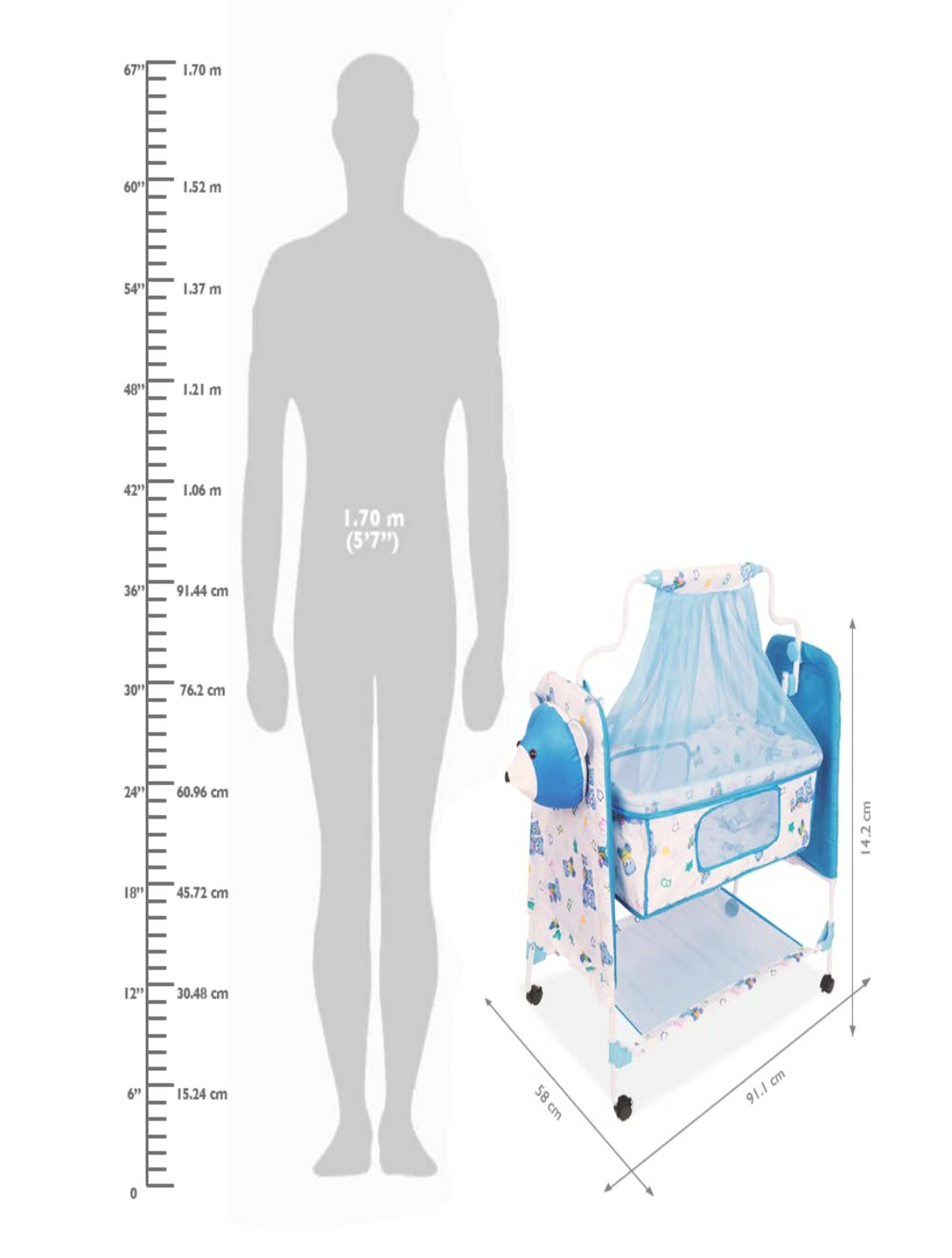 Teddy Print Cradle With Mosquito Net BLUE