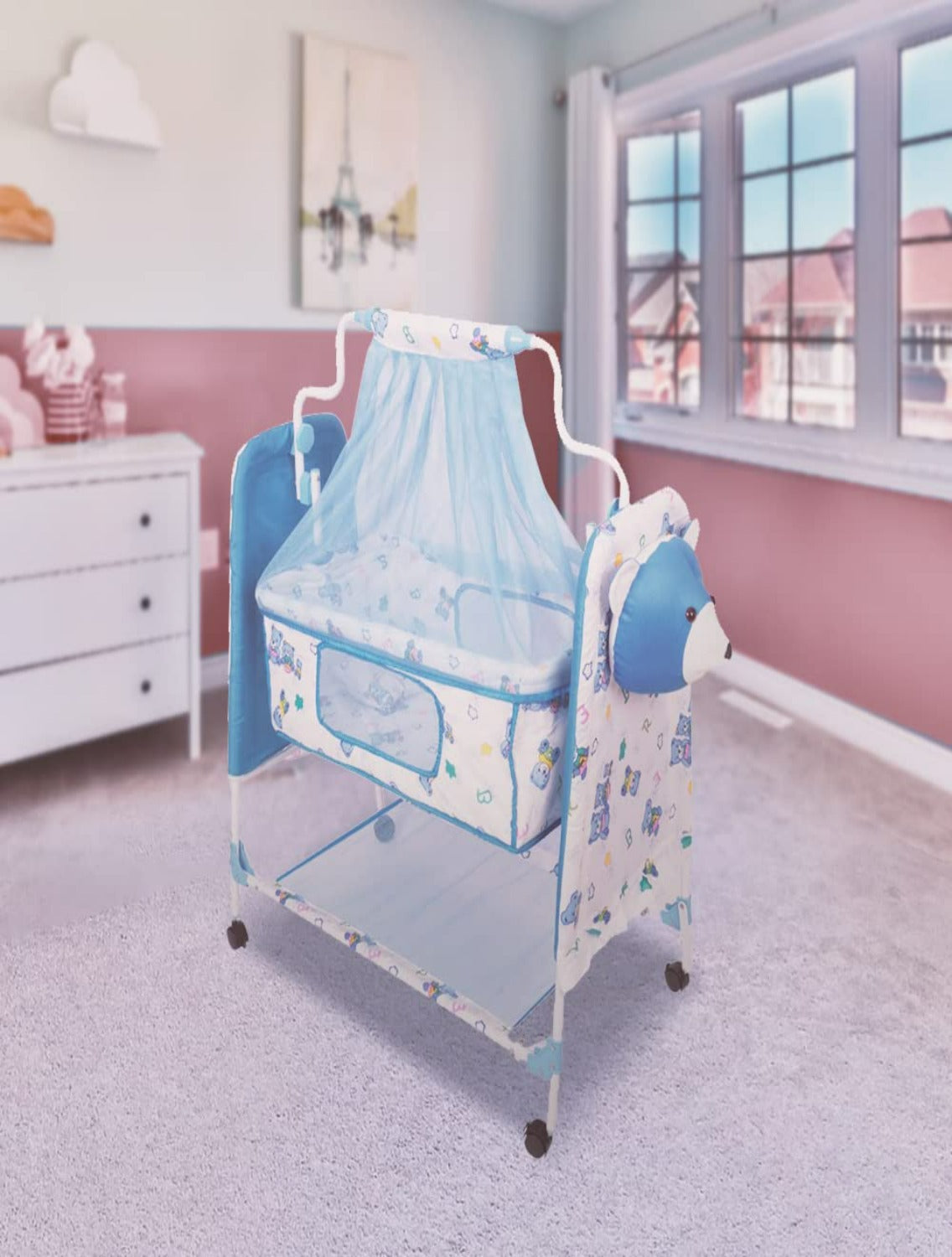 Teddy Print Cradle With Mosquito Net BLUE