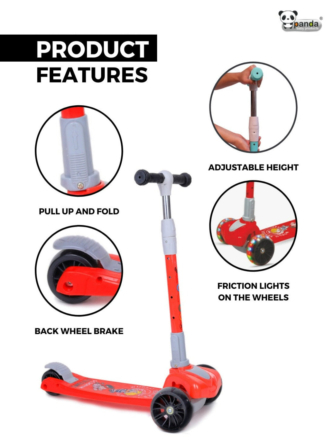 Kids Scooter with 4 Level Height Adjustment & LED Wheels - RED